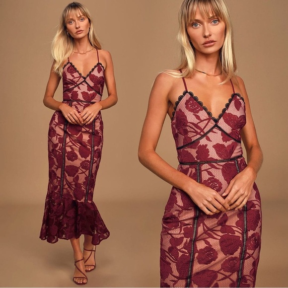 WORN ONCE- Alluring Dream Burgundy Floral Mesh Lace Trumpet Midi Dress - Picture 1 of 10